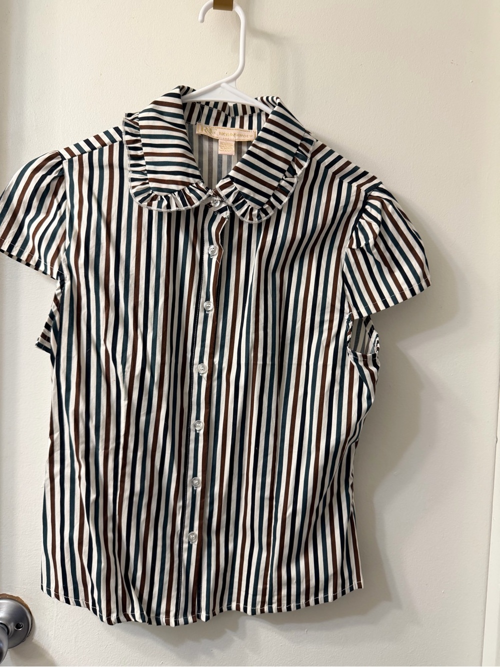 Girls' Striped Button-Down Top with Ruffled Collar - Blue, Brown & White